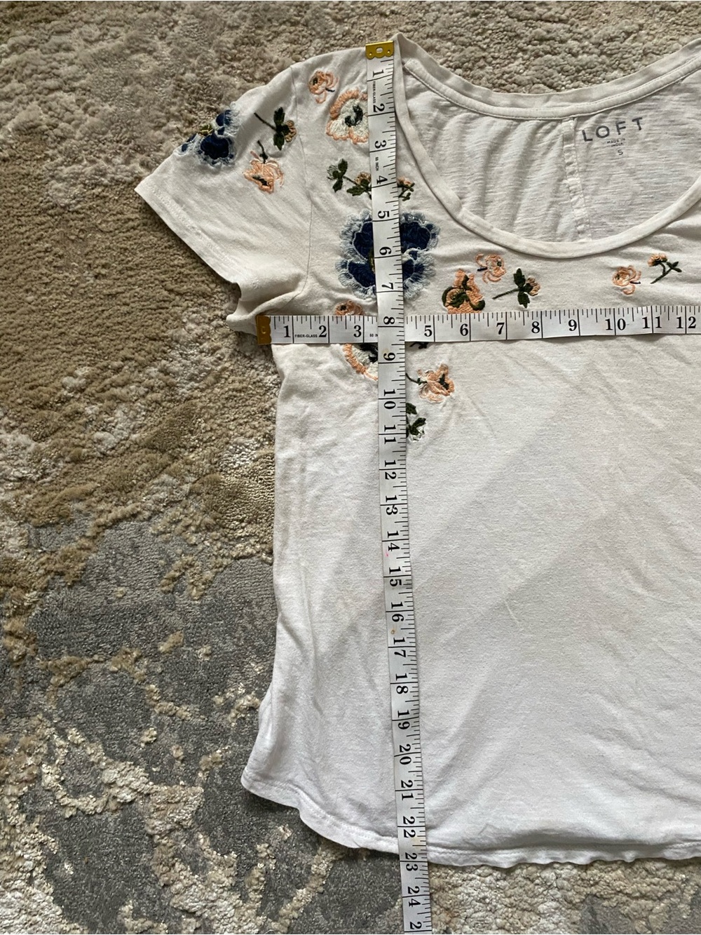 LOFT White Deep Scoop Neck Tee with Blue and Peach Floral Embroidery S - Picture 6 of 6